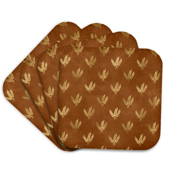 3drose, Chic Brown and Image of Gold Wheat Pattern, Set of 4 Coasters - Soft