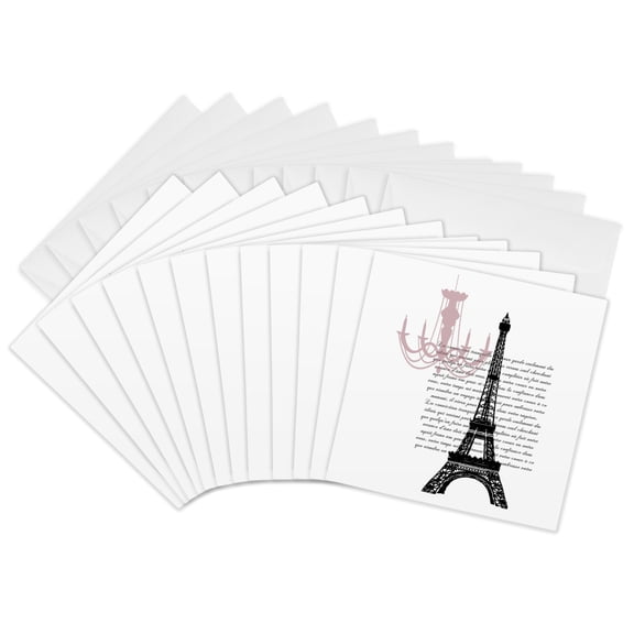 3drose, Chic Chandelier and Eiffel Tower with Script, 12 Greeting Cards with Envelopes