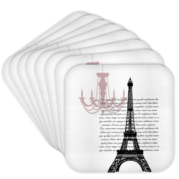 3drose, Chic Chandelier and Eiffel Tower with Script, Set of 8 Coasters - Soft
