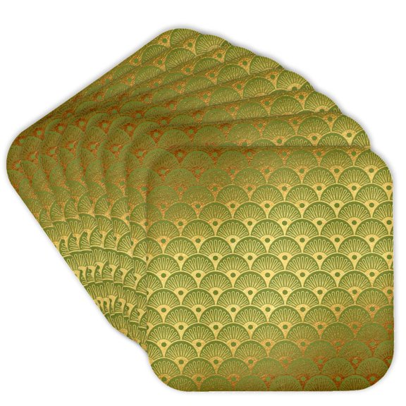 3drose, Chic Faux Gold Art Deco Fans on a Green Background, Set of 8 Coasters - Cork