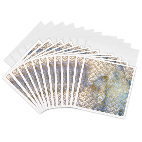 3drose, Chic Faux Gold Fancy Art Deco Fans on Blue and Gold Marble, 12 Greeting Cards with Envelopes