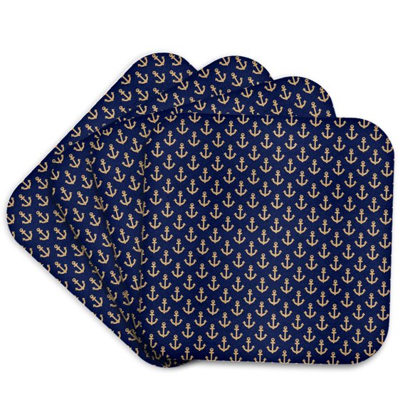 3drose, Chic Faux Gold Nautical Anchors on Blue Pattern, Set of 4 Coasters - Soft
