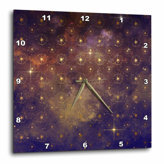3drose, Chic Faux Gold Star Bursts on a Purple Galaxy Sky Pattern, 15x15 Wall Clock