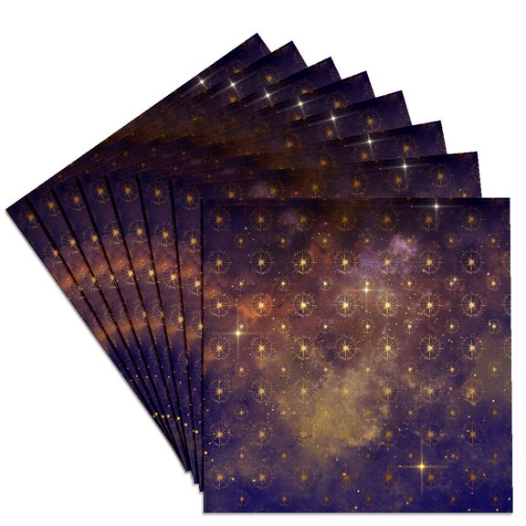 3drose, Chic Faux Gold Star Bursts on a Purple Galaxy Sky Pattern, Set of 8 Ceramic Tile Coasters