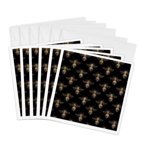 3drose, Chic Gold Color Bees on a Black Background Pattern, 6 Greeting Cards with Envelopes