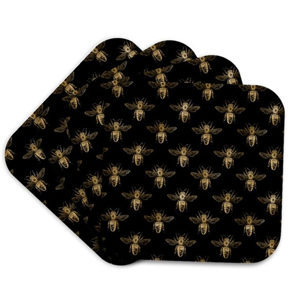 3drose, Chic Gold Color Bees on a Black Background Pattern, Set of 4 Coasters - Cork