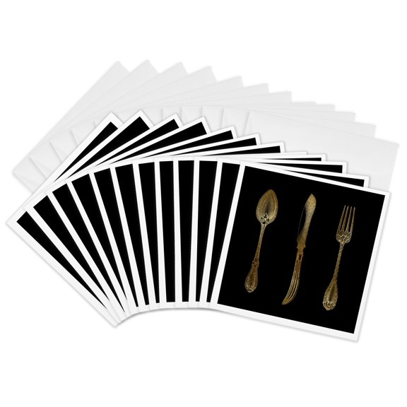 3drose, Chic Image of Gold Spoon Knife and Fork Illustration, 12 Greeting Cards with Envelopes