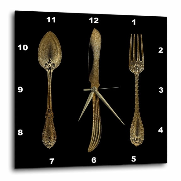3drose, Chic Image of Gold Spoon Knife and Fork Illustration, 15x15 Wall Clock
