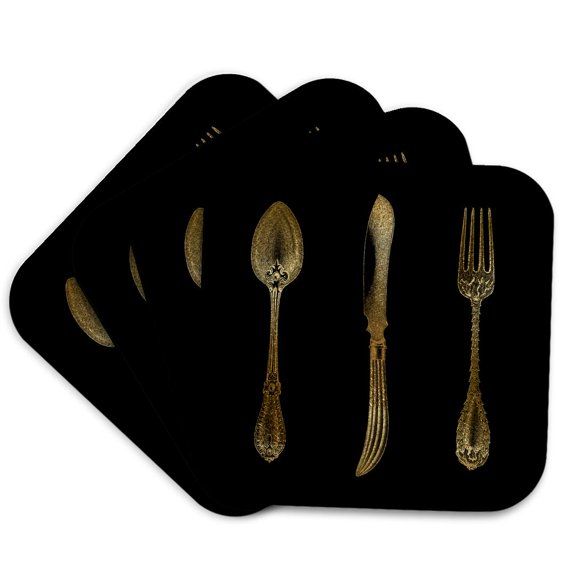 3drose, Chic Image of Gold Spoon Knife and Fork Illustration, Set of 4 Coasters - Soft