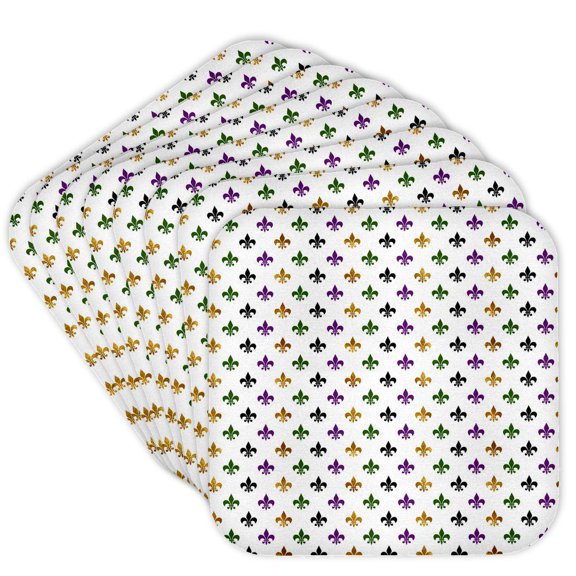 3drose, Chic Mardi Gras Purple, Green, and Image of Gold Fleur De Lis, Set of 8 Coasters - Cork