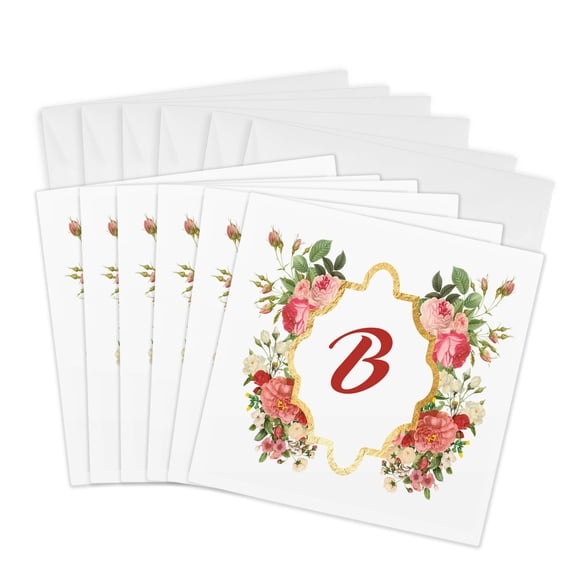 3drose, Chic Monogram Letter B in a Gold Flowered Frame on White, 6 Greeting Cards with Envelopes