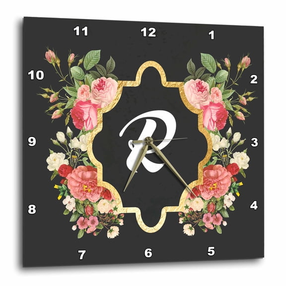 3drose, Chic Monogram Letter R in a Gold Flowered Frame on Black, 10x10 Wall Clock