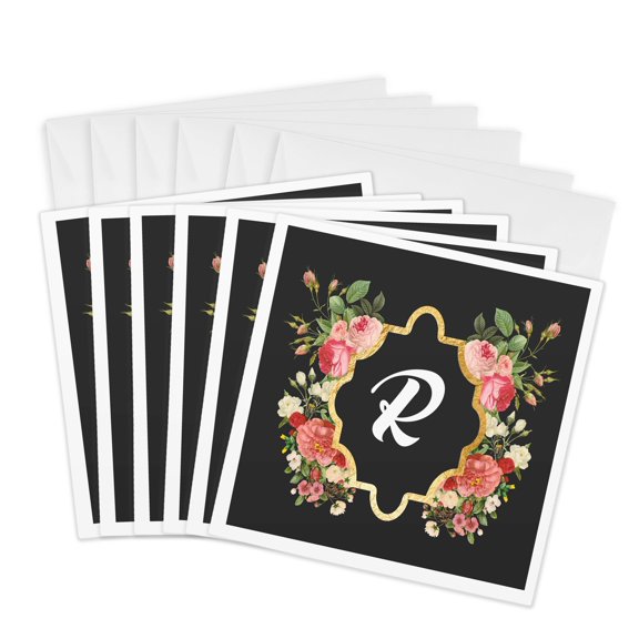 3drose, Chic Monogram Letter R in a Gold Flowered Frame on Black, 6 Greeting Cards with Envelopes