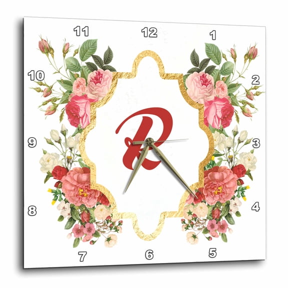 3drose, Chic Monogram Letter R in a Gold Flowered Frame on White, 10x10 Wall Clock