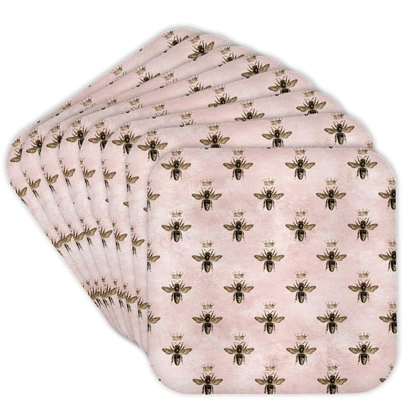 3drose, Chic Pink and Image of Gold Queen Bees Pattern, Set of 8 Coasters - Cork