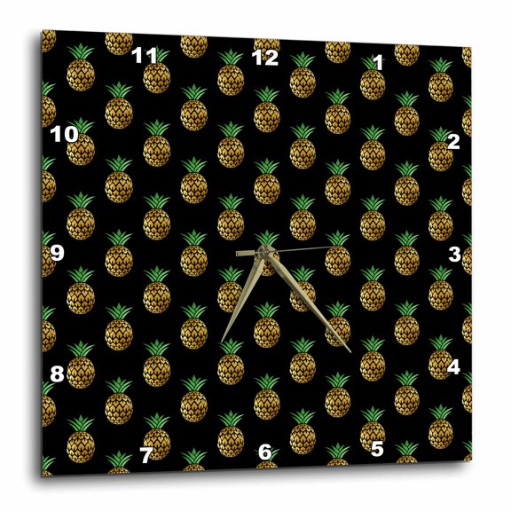 3drose, Chic Tropical Faux Gold Pineapples on a Black Background Pattern, 15x15 Wall Clock
