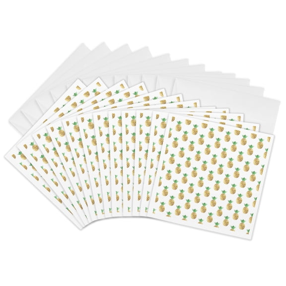 3drose, Chic Tropical Faux Gold Pineapples on a White Background Pattern, 12 Greeting Cards with Envelopes