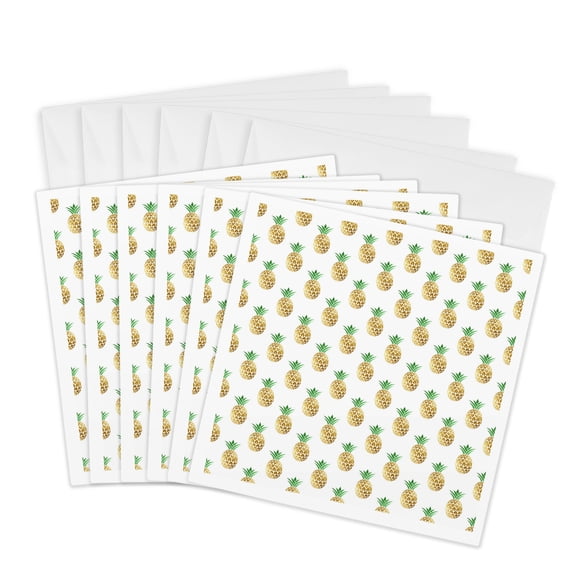 3drose, Chic Tropical Faux Gold Pineapples on a White Background Pattern, 6 Greeting Cards with Envelopes