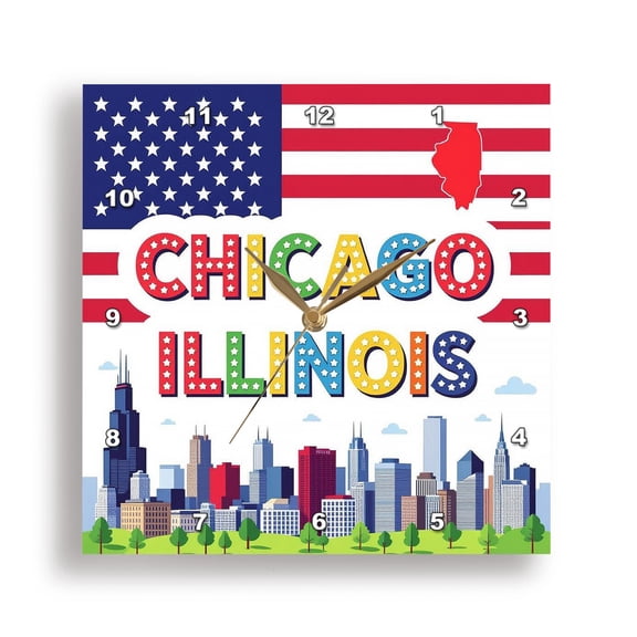 3drose, Chicago, Illinois. American Flag, State Map, Cool Patriot Art Gift, 15x15 Wall Clock