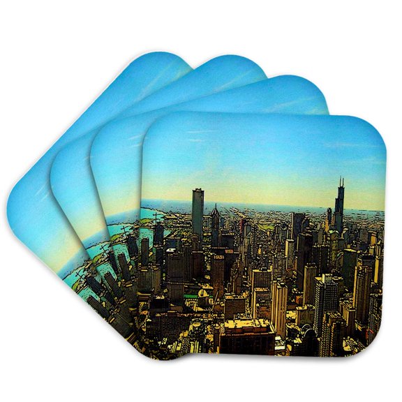 3drose, Chicago Skyline Cartoon, Set of 4 Coasters - Soft