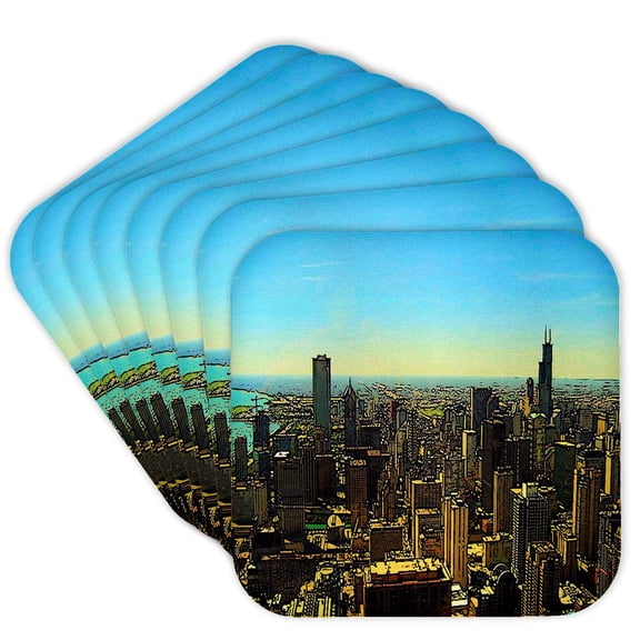 3drose, Chicago Skyline Cartoon, Set of 8 Coasters - Cork