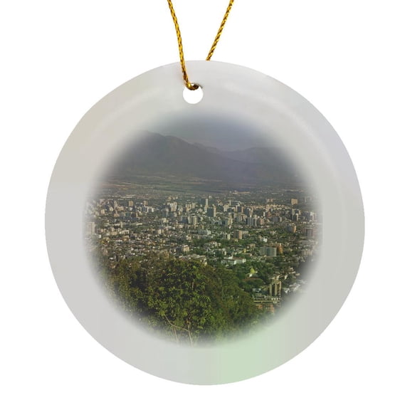 3drose, Chile, Santiago. Santiago from San Cristobal Hill - Sa05 Kwi0023 - Kymri Wilt, Circle Porcelain Ornament