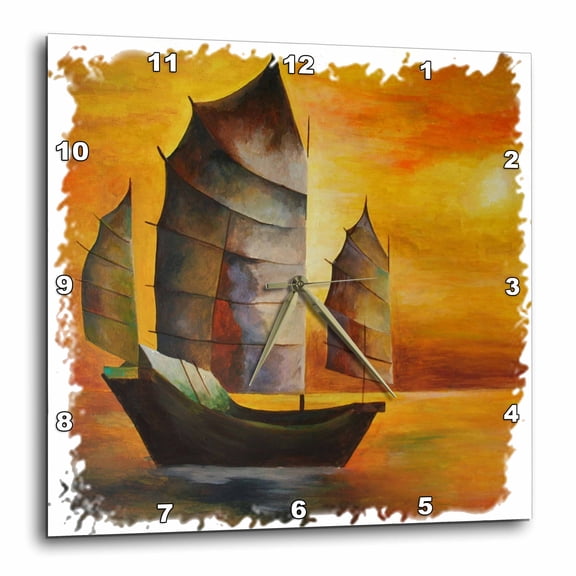 3drose, Chinese Junk - Sail Boat, Acrylic Painting, Sails, Decorative, Seascape, Cubism, Sailors, Nautical, 15x15 Wall Clock
