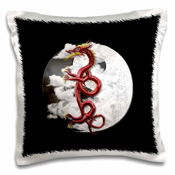 3drose, Chinese Red Dragon Flying in Front of Clouds and Yin Yang Symbol., 16x16 inch Pillow Case