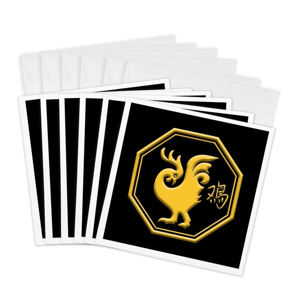 3drose, Chinese Zodiac Symbol. Yellow on Black Amulet. the Year of Rooster, 6 Greeting Cards with Envelopes