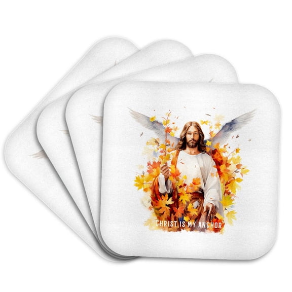 3drose, Christ Is My Anchor. Jesus, Wings, Autumn Leaves. Christian Gift, Set of 4 Coasters - Soft