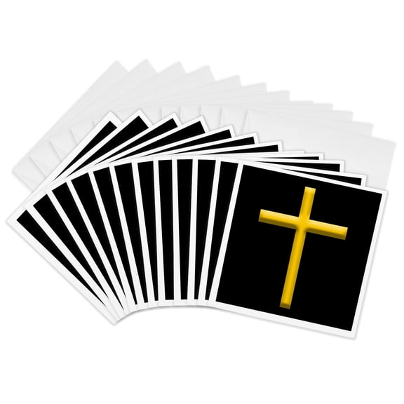 3drose, Christian Cross Religion Symbol, Yellow on Black Gift, Talisman, 12 Greeting Cards with Envelopes