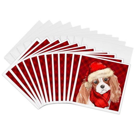 3drose, Christmas Cavalier King Charles Santa Dog with Red Holiday Plaid, 12 Greeting Cards with Envelopes