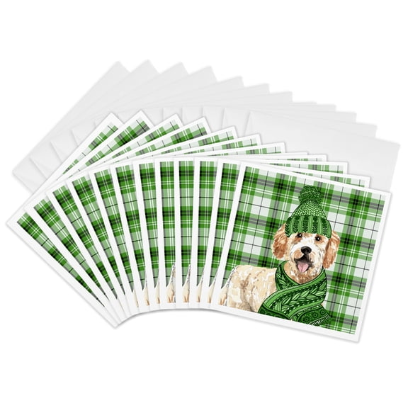 3drose, Christmas Golden Doodle on Festive Green Plaid for Holiday Dog Lovers, 12 Greeting Cards with Envelopes