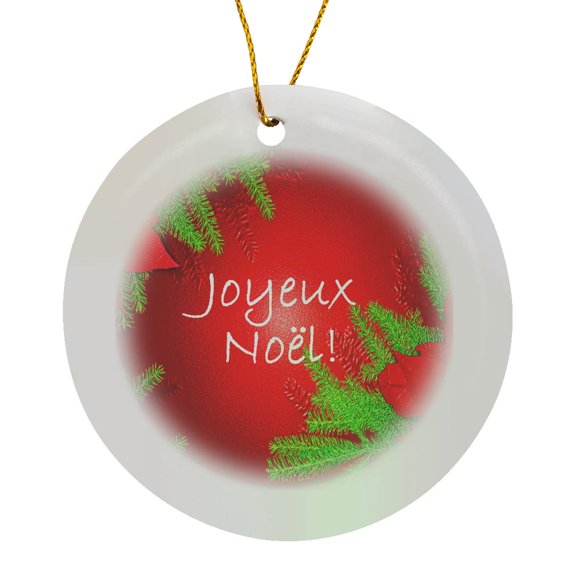 3drose, Christmas Poinsettia Joyeux Noel in Red, Circle Porcelain Ornament
