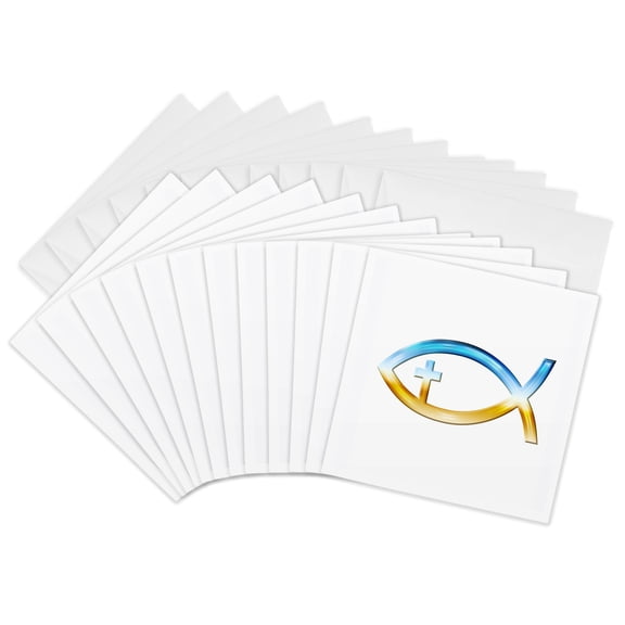 3drose, Chrome Christian Fish Symbol with Cross, 12 Greeting Cards with Envelopes