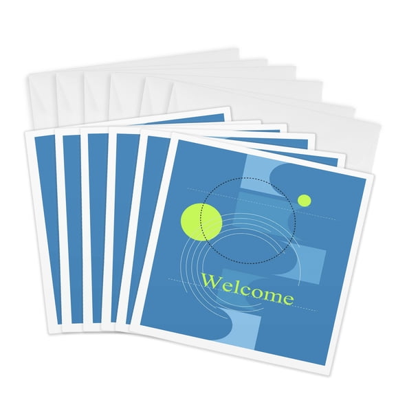 3drose, Circle and Square Design, Blue and Green, Welcome, 6 Greeting Cards with Envelopes