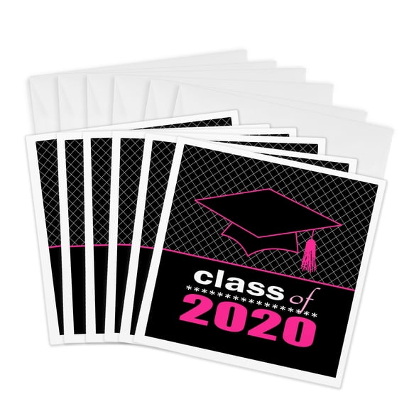 3drose, Class of 2020 Graduate Pink and Black Cap and Tassel, 6 Greeting Cards with Envelopes