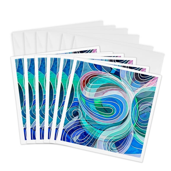 3drose, Classic Blue and Peach Doodle with White Lines, 6 Greeting Cards with Envelopes