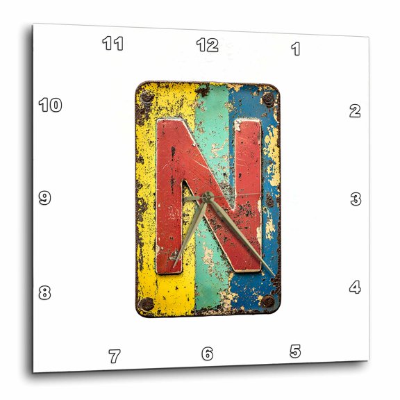 3drose, Classy Letter N. Grunge Metal Monogram, Industrial Style Color Gift, 10x10 Wall Clock