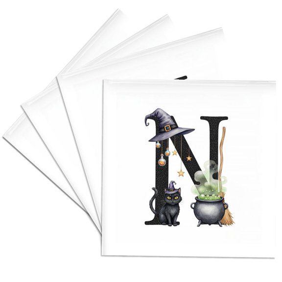 3drose, Classy Letter N. Halloween Monogram, Broom, Wizard Hat, Cat Art, Set of 4 Ceramic Tile Coasters