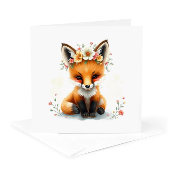 3drose, Classy Red Fox Pet Decorated with Flowers. Animals for Kids Gift, 1 Greeting Card with Envelope