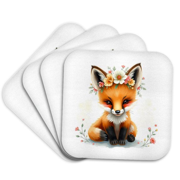 3drose, Classy Red Fox Pet Decorated with Flowers. Animals for Kids Gift, Set of 4 Coasters - Soft