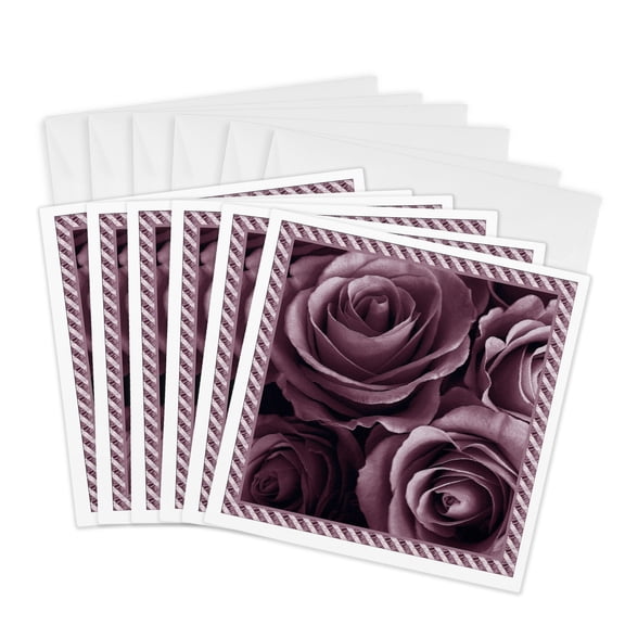 3drose, Close up Scene of Dreamy Muted Plum Purple Roses Surrounded by a Striped Frame, 6 Greeting Cards with Envelopes