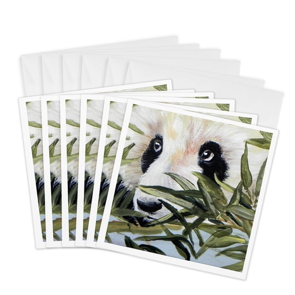 3drose, Close up of Panda Bear Face with Bamboo Leaves, 6 Greeting Cards with Envelopes