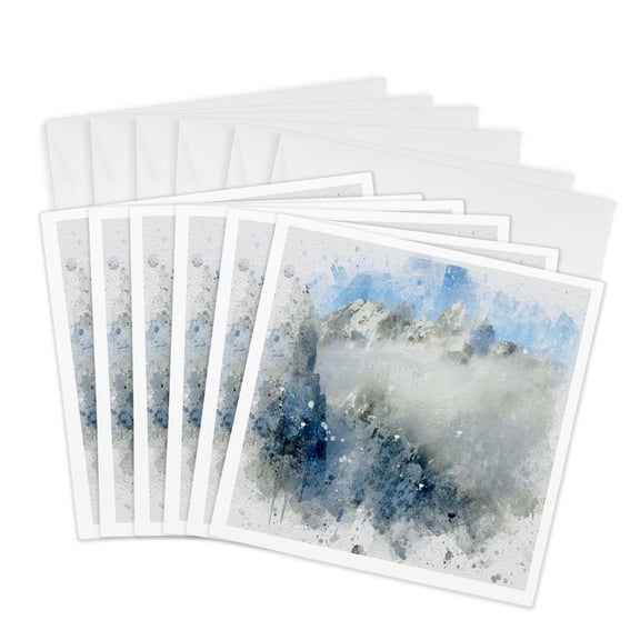 3drose, Cloudy Snowy Mountain Range Image of Watercolor, 6 Greeting Cards with Envelopes