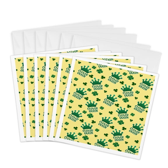 3drose, Clover Queen Crown and Four Leaf Clover Pattern, 6 Greeting Cards with Envelopes