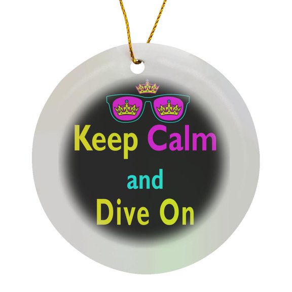3drose, Cmyk Keep Calm Parody Hipster Crown and Sunglasses Keep Calm and Dive On, Circle Porcelain Ornament