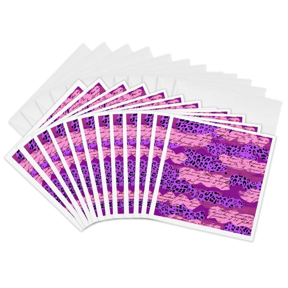 3drose, Collage, Leopard Spots, Purple, Pink, Cursive, Writing, Glam, 12 Greeting Cards with Envelopes