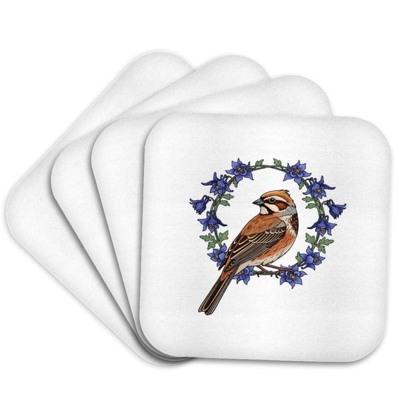 3drose, Colorado Lark Bunting Bird Surrounded by Blue Columbine, Set of 4 Coasters - Soft