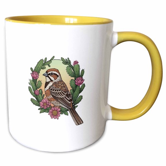 3drose, Colorado Lark Bunting Bird Surrounded by Claret Cup, 11oz Two-tone Yellow Mug